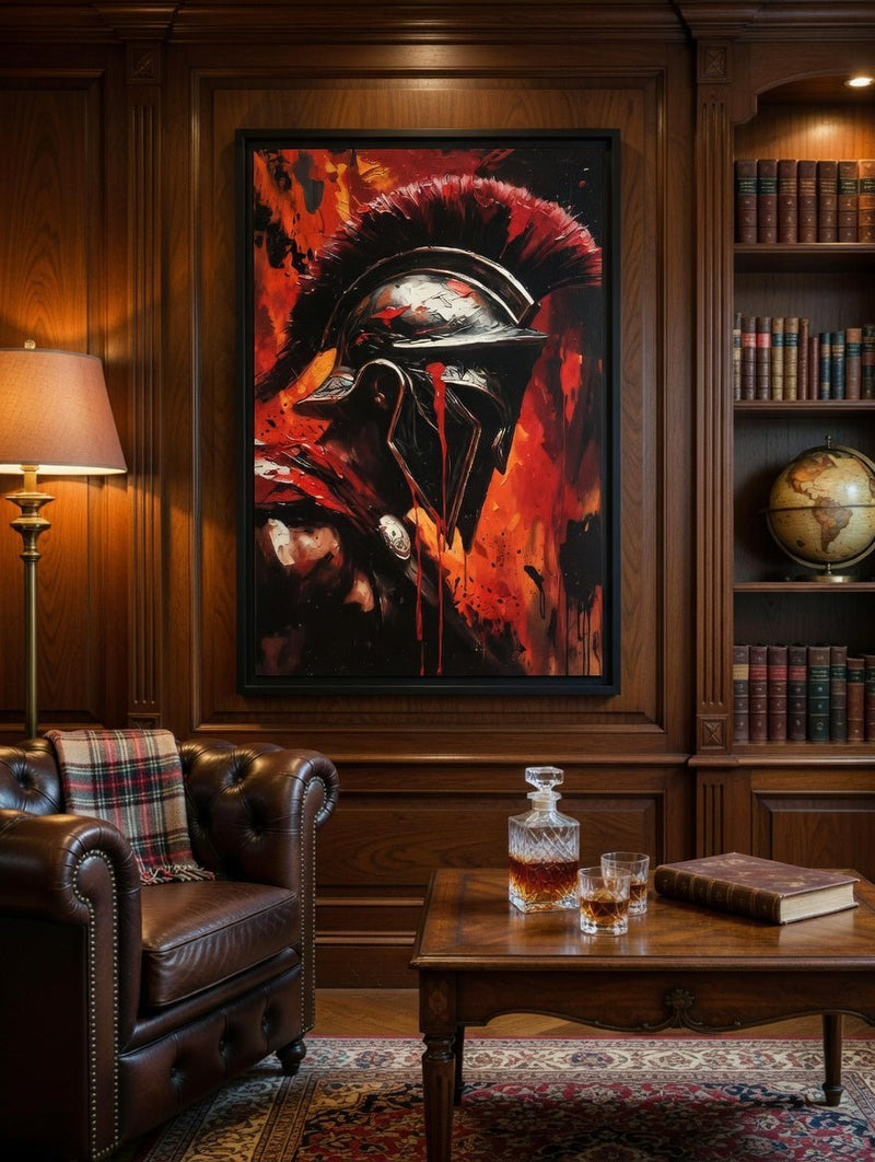 Framed canvas wall art featuring Spartan warrior helmet illustration, black frame with red accents