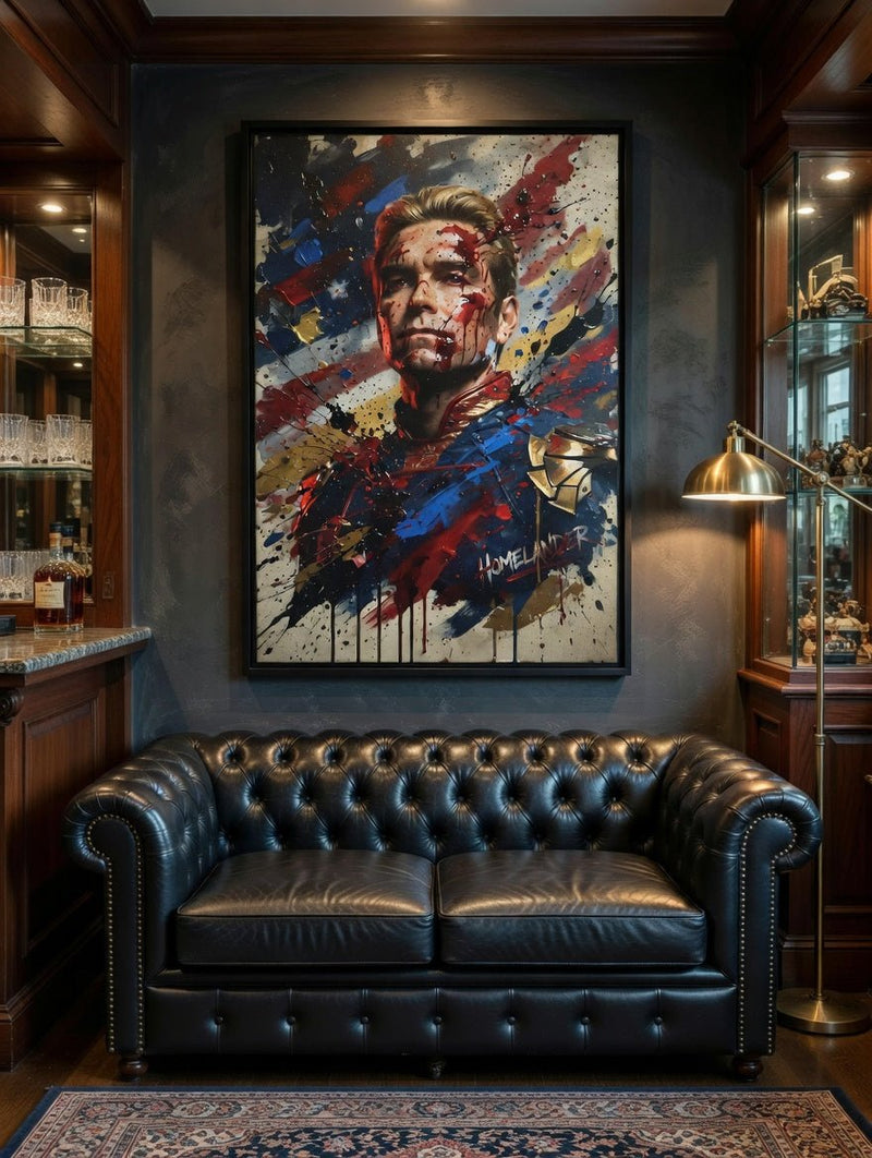 Framed matte canvas portrait print with black frame, wall-hung hero face splatter artwork
