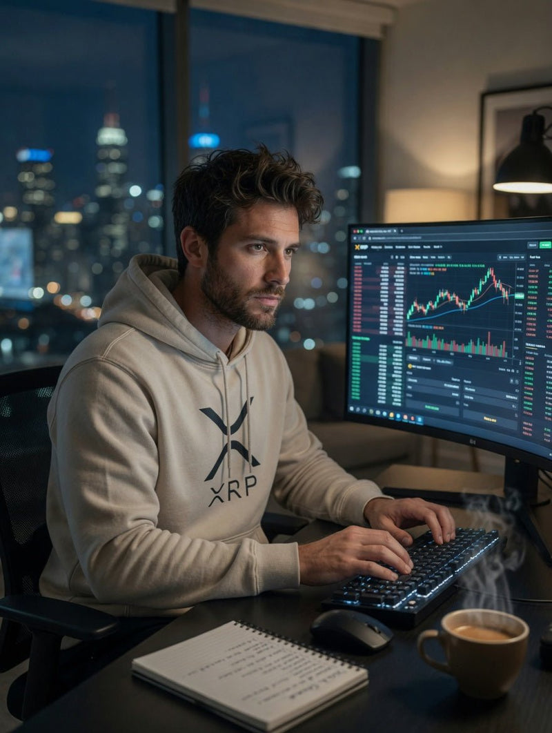 Sand logo pullover hoodie with front XRP graphic on model