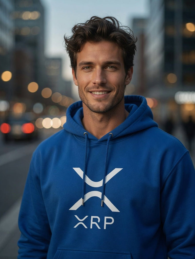 Royal blue hoodie with large white XRP logo print on front