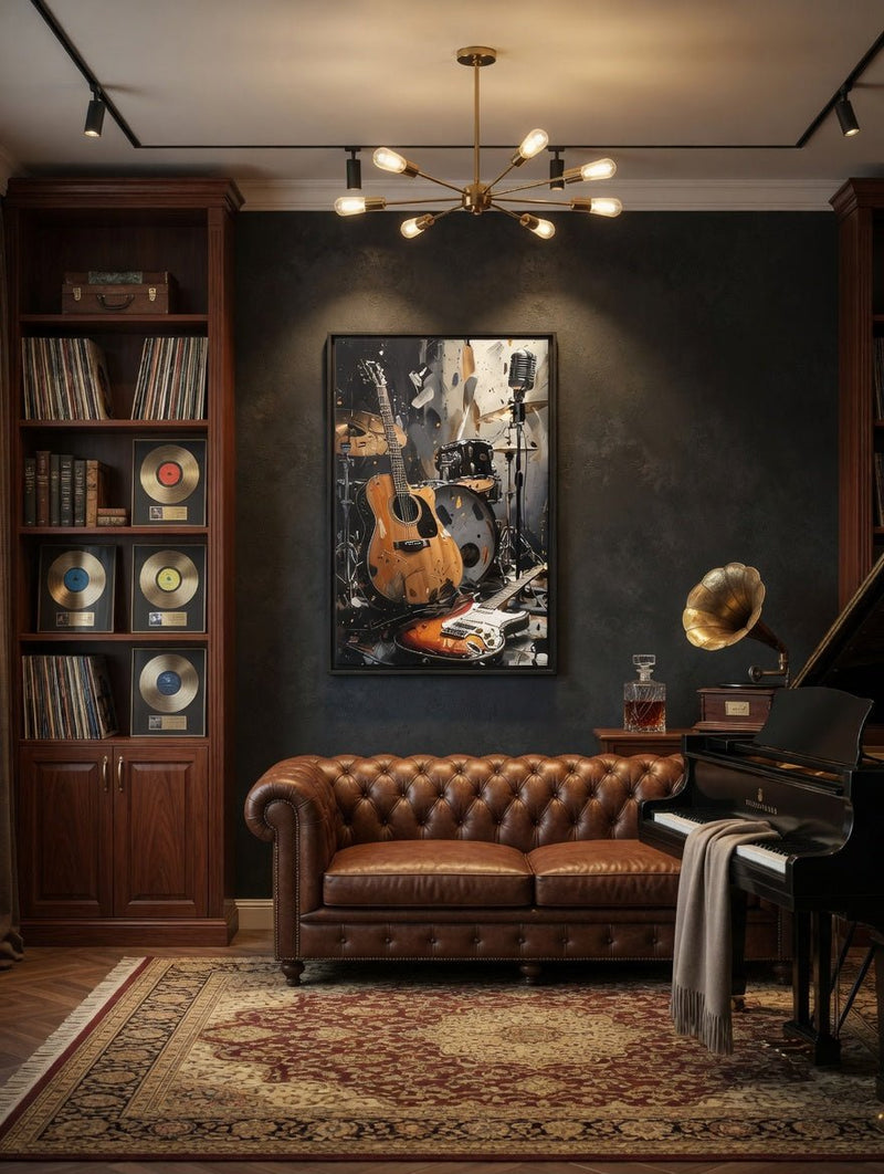 Framed matte canvas wall art featuring orange acoustic guitar, electric guitar, drums, mic