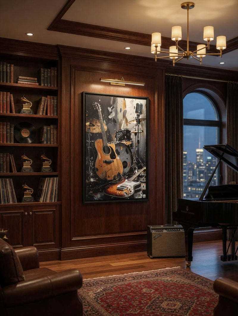 Framed matte canvas wall art with orange acoustic guitar and electric guitar beside drums
