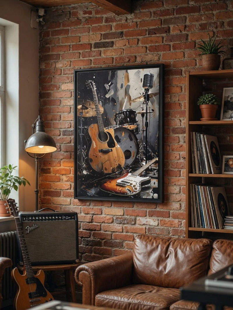 Framed matte canvas wall art showing orange acoustic guitar, electric guitar, drums, mic