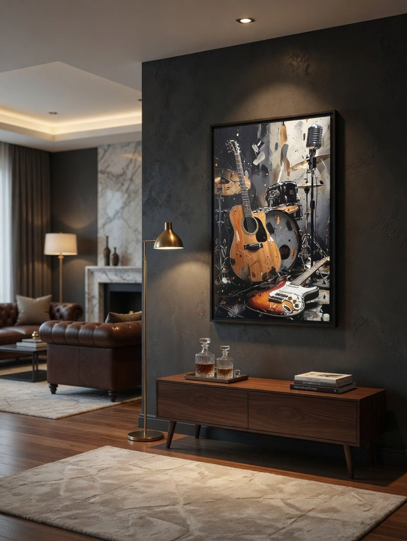 Framed matte canvas wall art of orange acoustic guitar, electric guitar, drum kit and mic