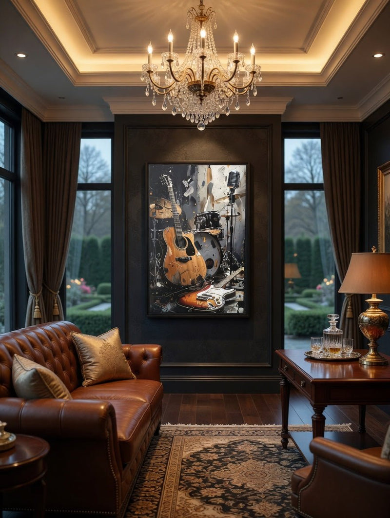 Framed matte canvas wall art with orange acoustic guitar, electric guitar, drums, microphone