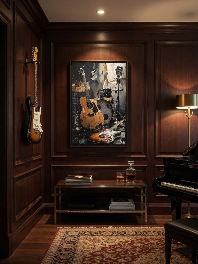 Framed matte canvas wall art with orange acoustic guitar, electric guitar, drum kit, mic stand