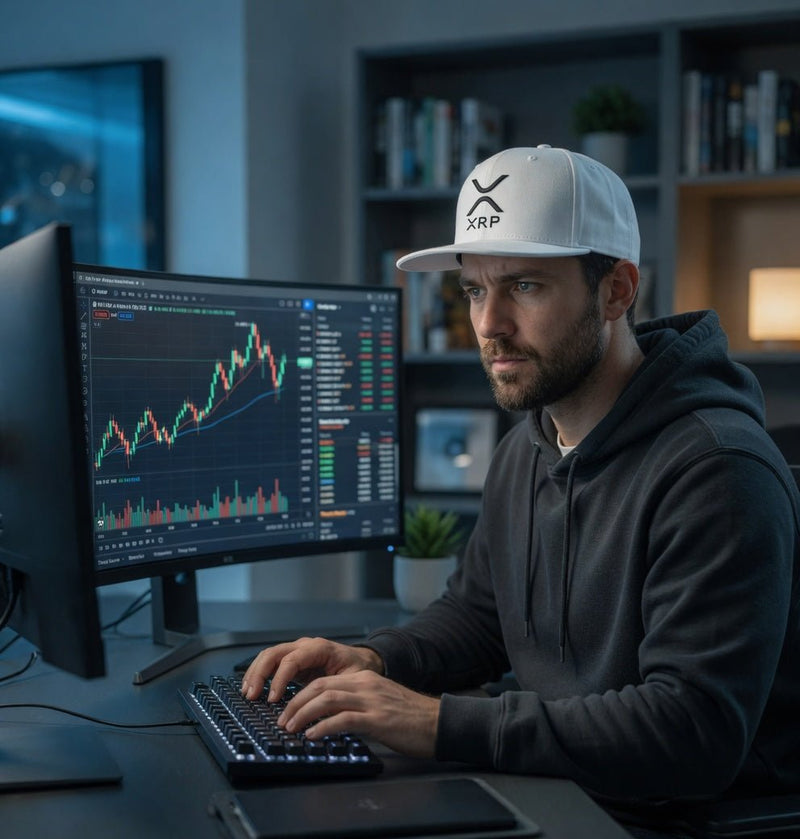 Light blue flat bill snapback hat with black XRP logo