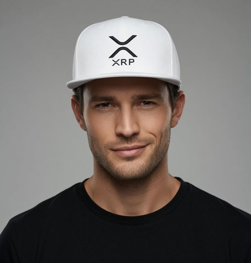 White flat bill snapback hat with black XRP logo