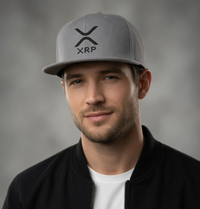 Heather grey snapback cap with black XRP logo and flat bill