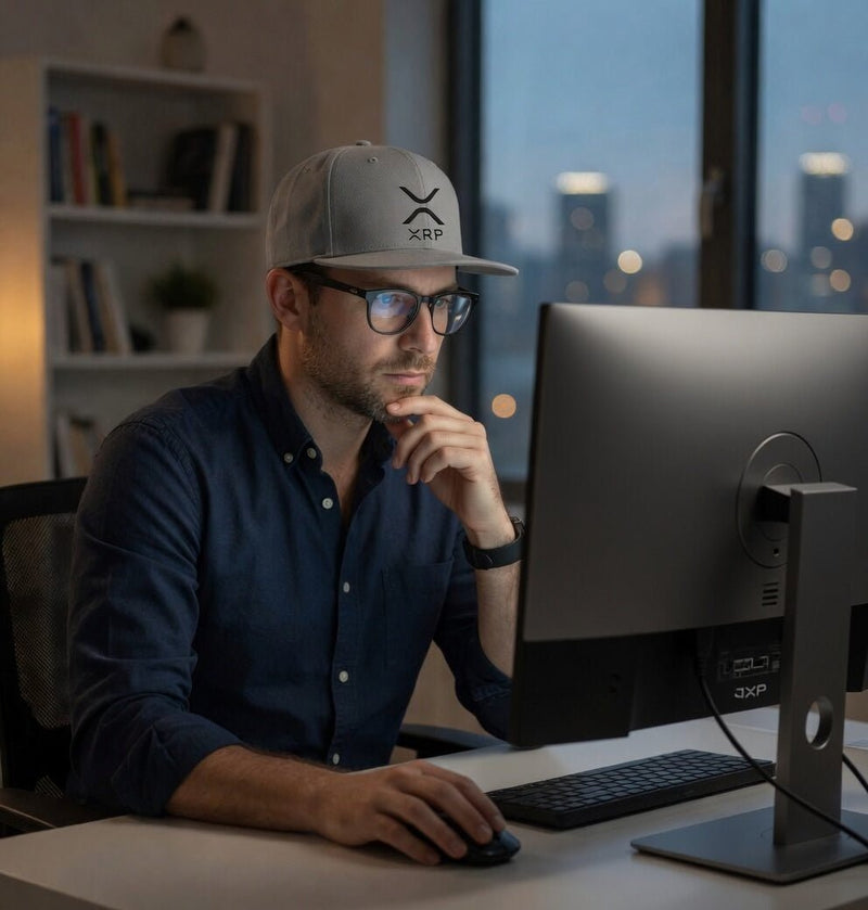 Gray snapback cap with black XRP logo and flat bill, adjustable strap