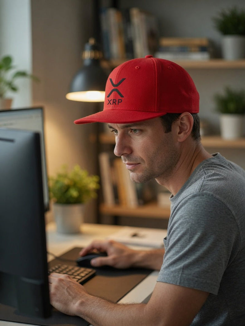 Red snapback cap with black XRP logo and flat bill