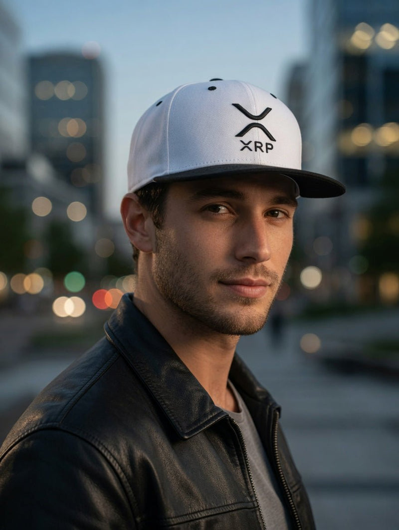 Light grey snapback cap with black XRP logo and flat bill