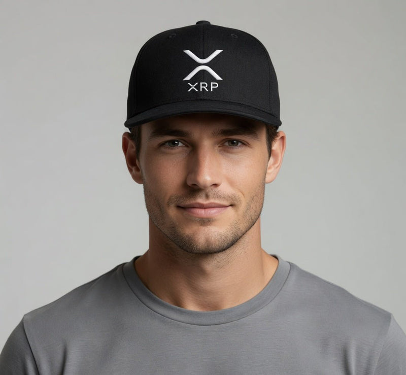 Snapback baseball cap with flat brim, black, white XRP logo