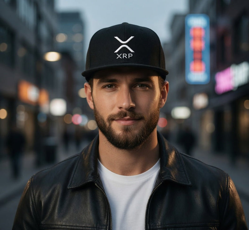 Snapback baseball cap with flat brim, black, white XRP logo