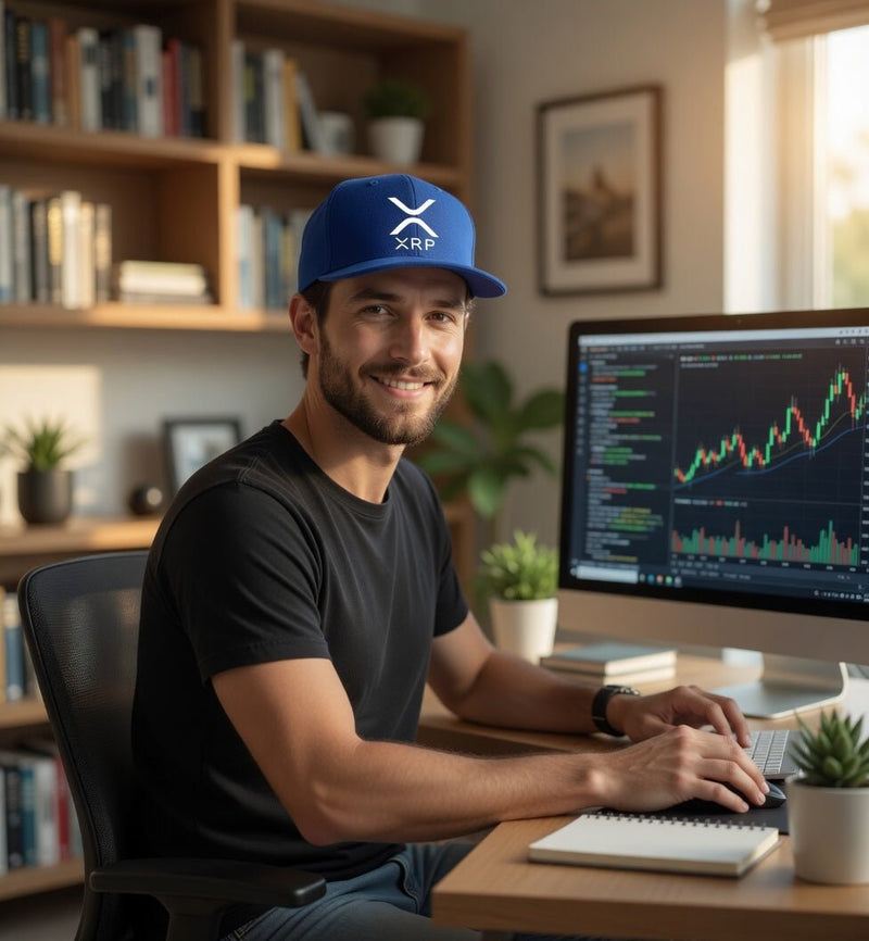 Snapback baseball cap with flat brim, royal blue, white XRP logo