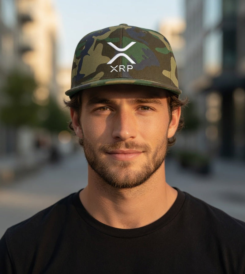 Snapback baseball cap with flat brim, green camo, white XRP logo