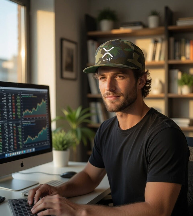 Snapback baseball cap with flat brim, green camo, white XRP logo