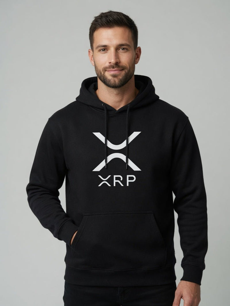 Black hoodie with white XRP logo graphic and front pouch pocket
