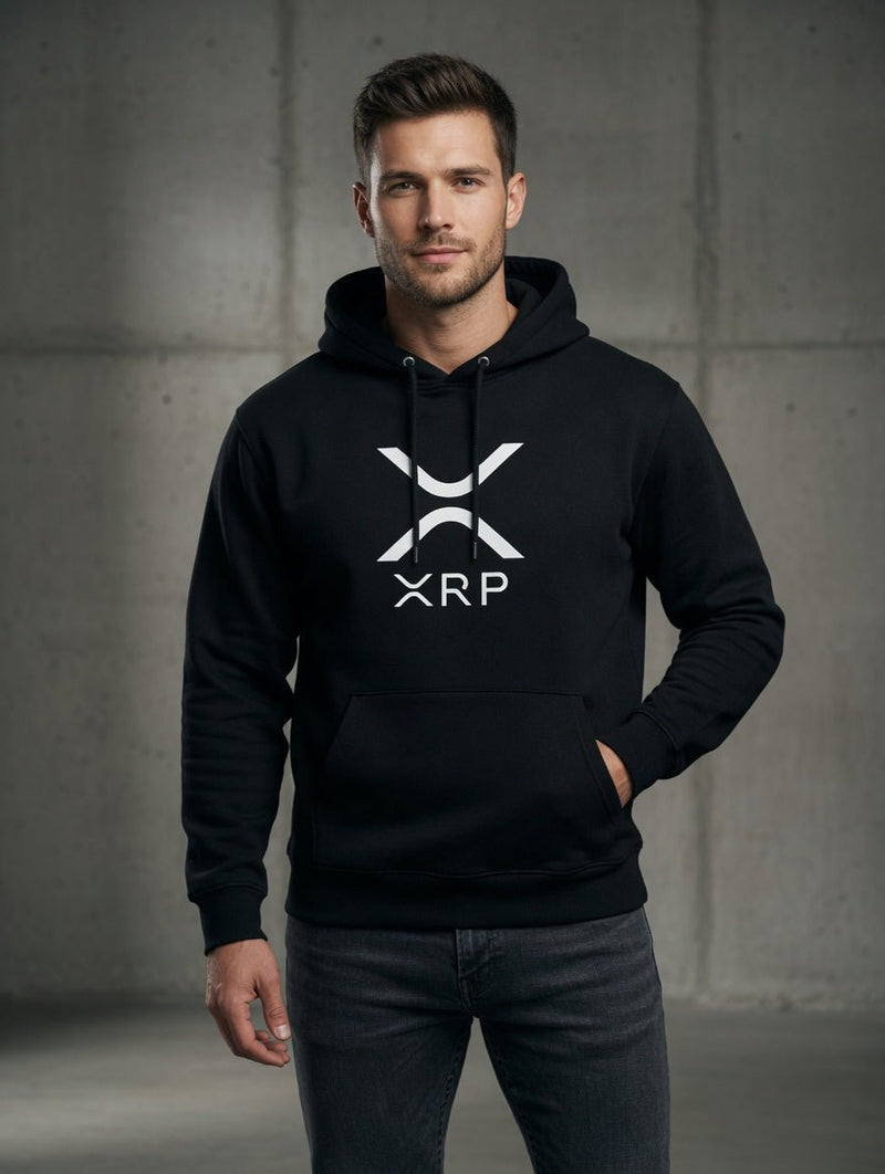 Black pullover hoodie with white XRP logo centered on chest