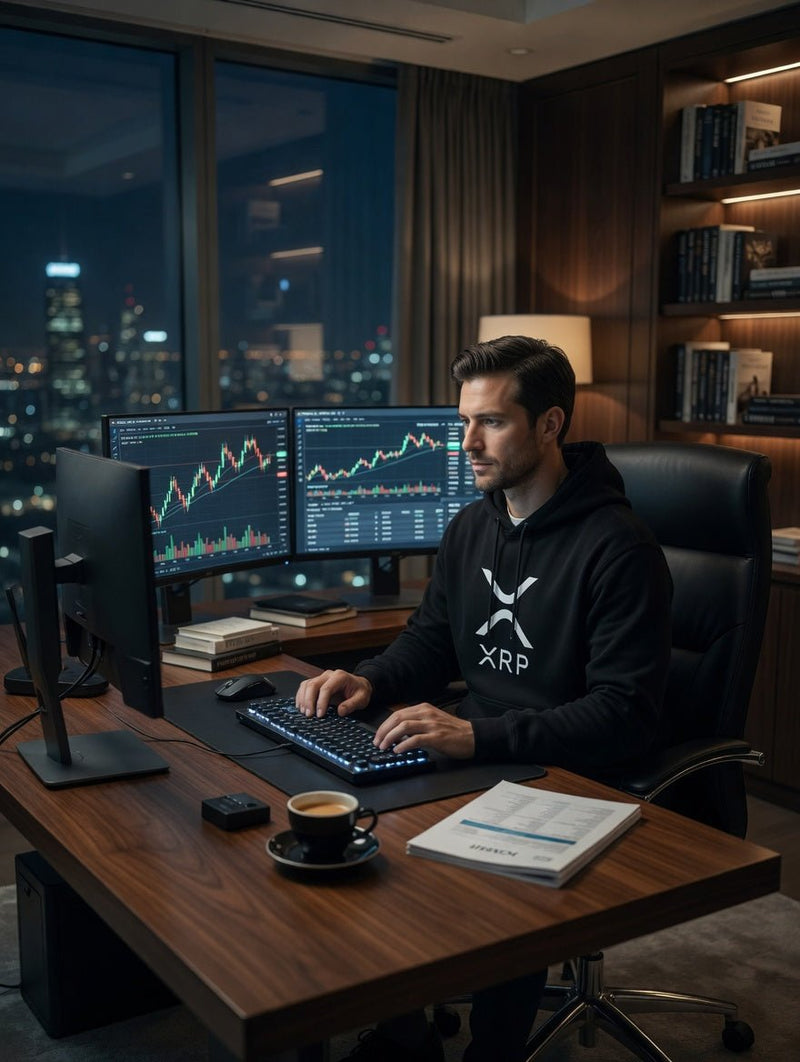 Black hoodie with white XRP logo on front, long sleeves, pouch pocket