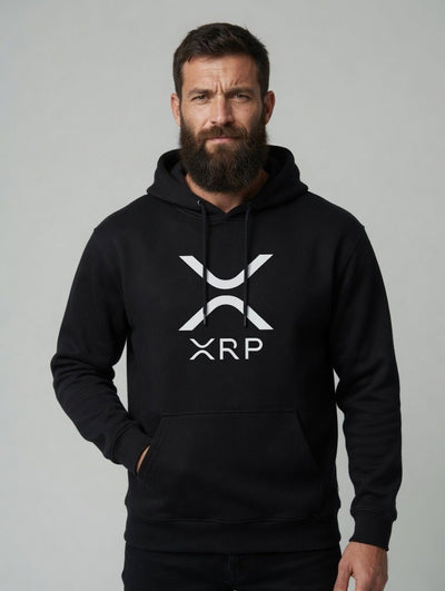 Black XRP logo hoodie with white emblem on chest and adjustable hood