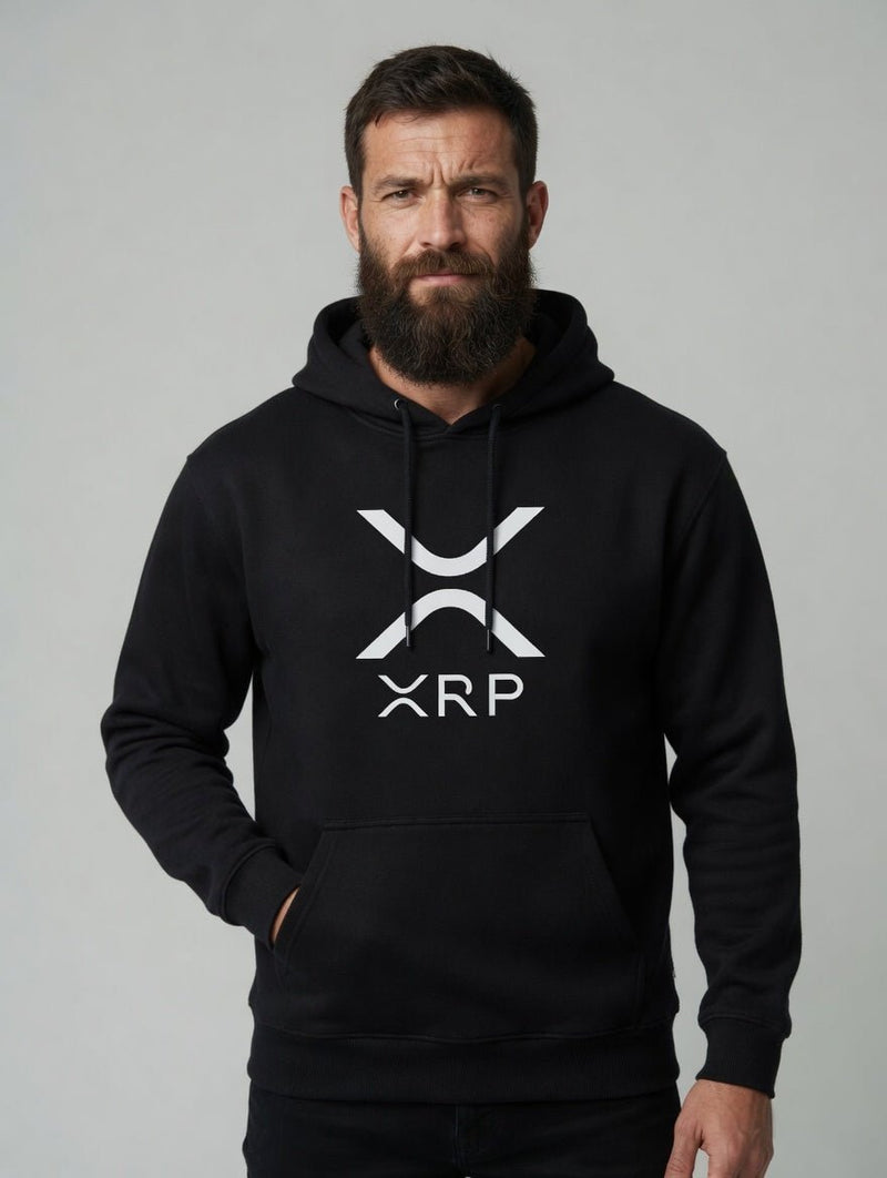 Black XRP logo hoodie with white emblem on chest and adjustable hood