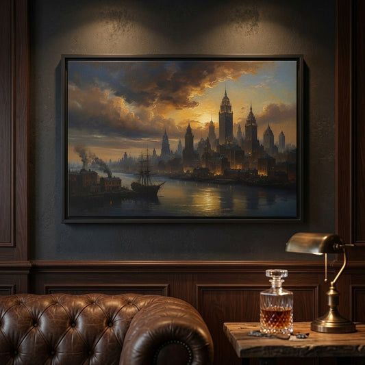 Black-framed matte canvas wall art with vintage skyline cityscape and river at sunset