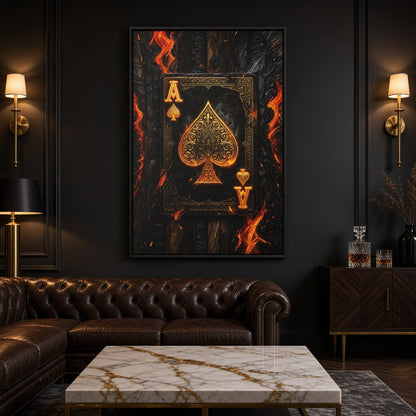 Framed canvas wall art with gold ace of spades and playing-card symbols amid flames