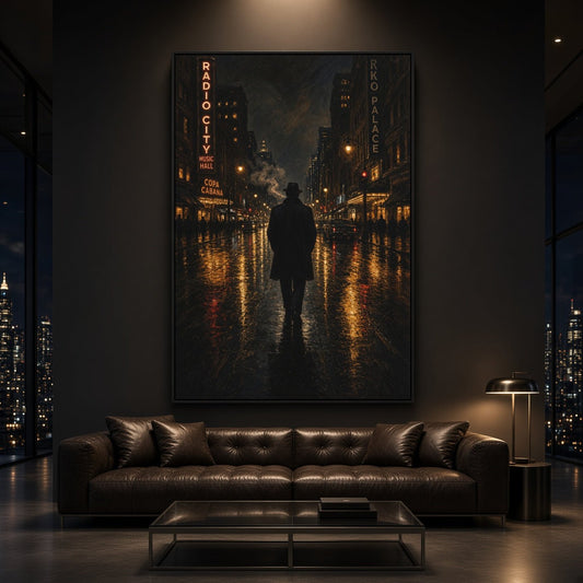 Vertical canvas wall art showing a lone gangster amid glowing city lights