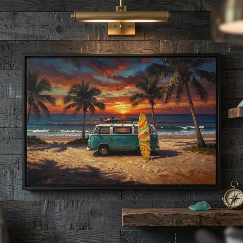 Framed beach sunset canvas print showing teal van, palm trees, and surfboard on shore