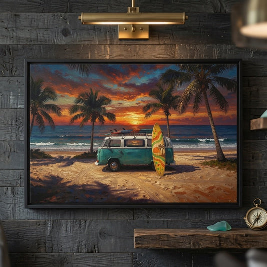 Framed beach sunset canvas print showing teal van, palm trees, and surfboard on shore