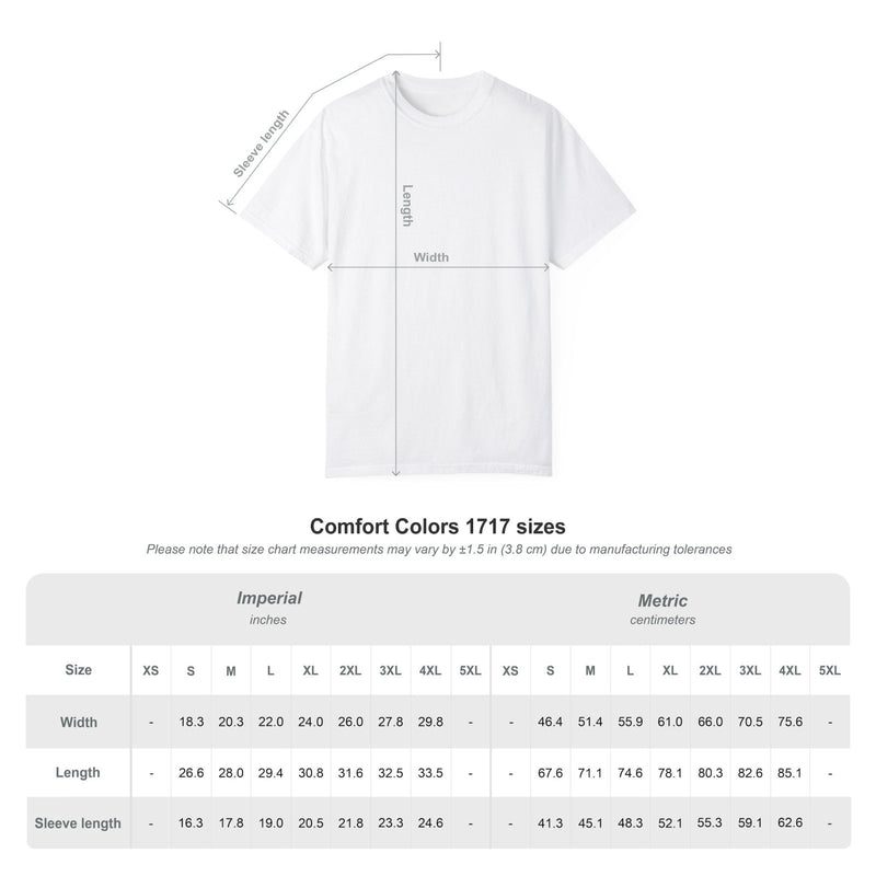 White crewneck T-shirt with round logo, front view with size guide