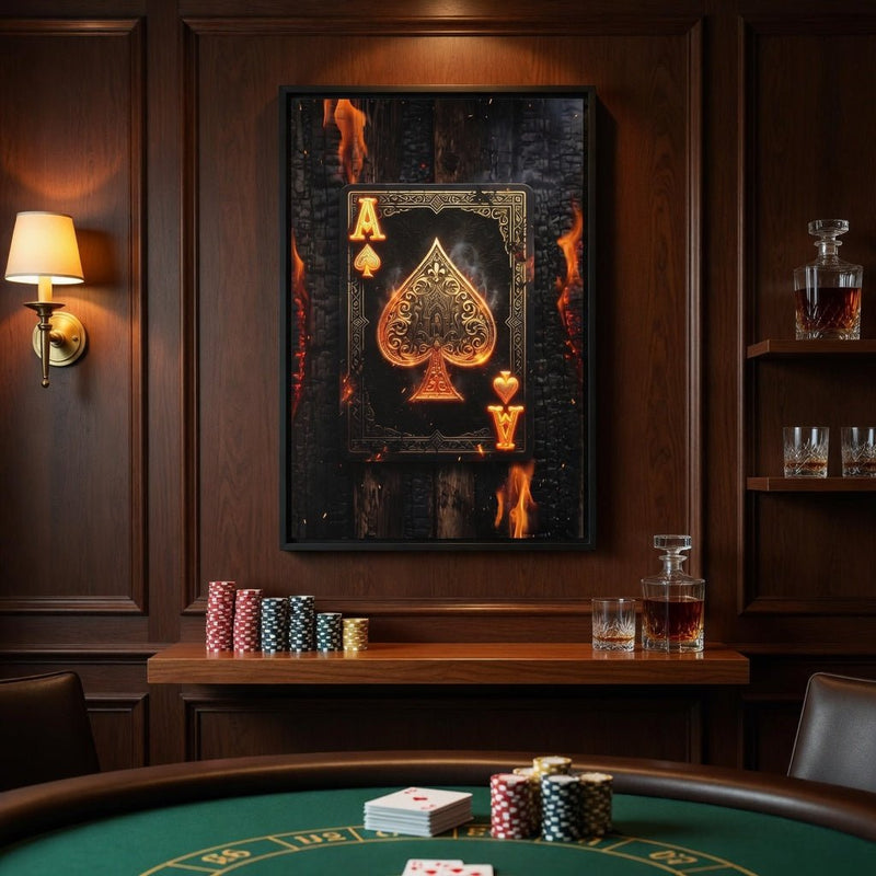 Framed canvas on dark background with gold ace of spades and orange flame elements