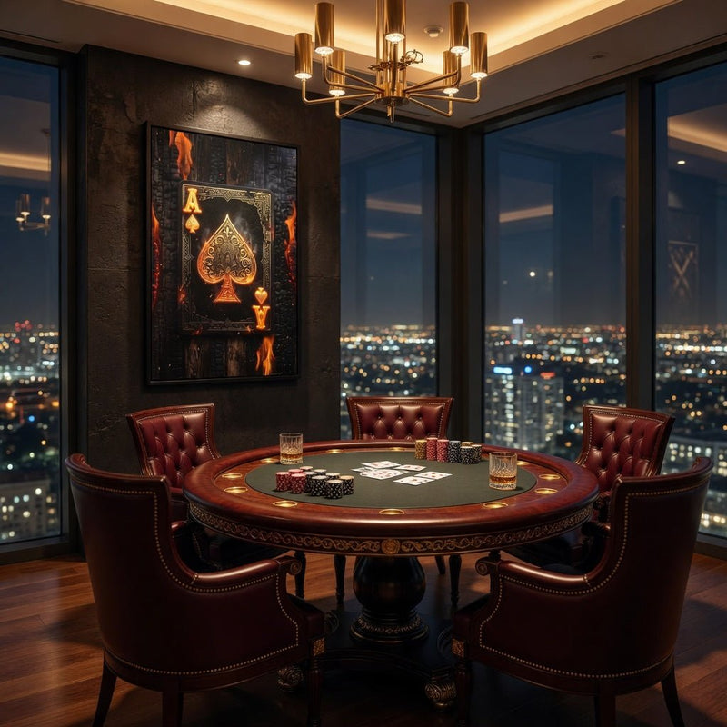 Black-framed vertical canvas featuring gold ace of spades and glowing flame edges