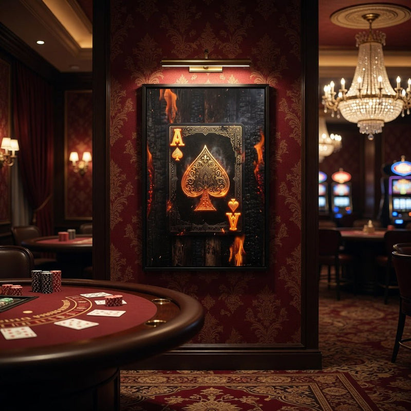 Framed canvas with black border showing gold ace of spades card and flame streaks
