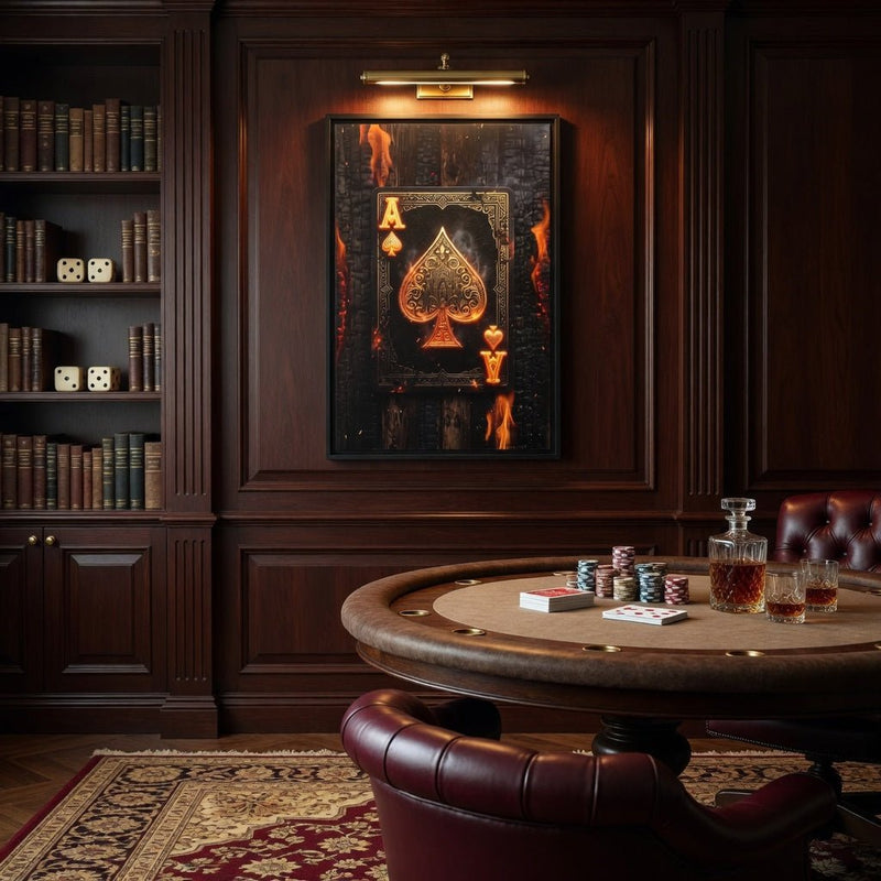 Square-framed canvas with black frame, gold ace of spades art and fiery orange details