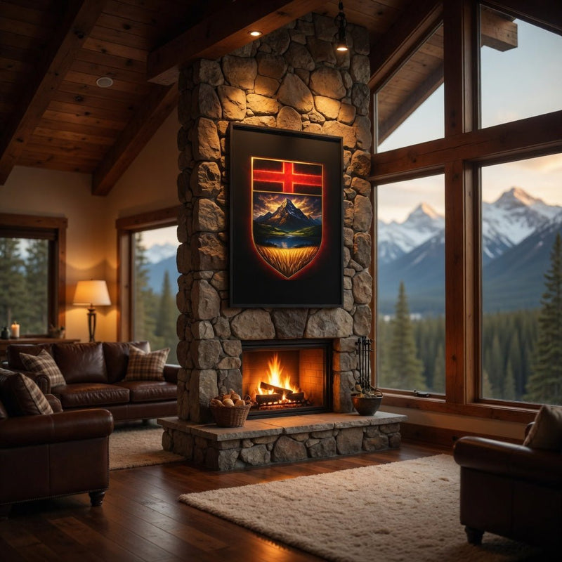 Black framed matte canvas print featuring shield crest with mountain landscape art