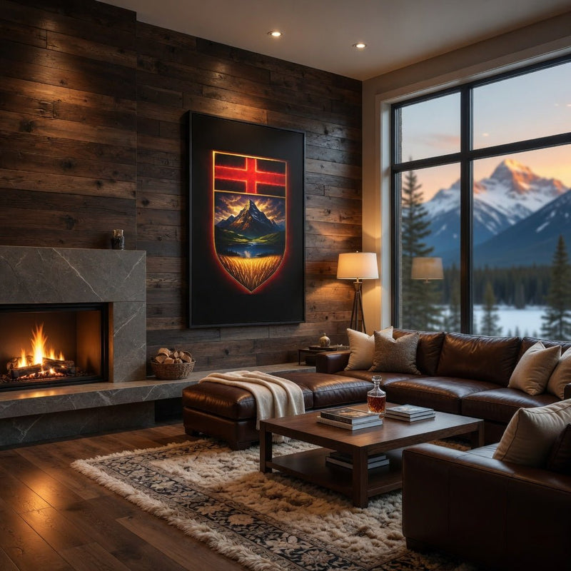 Black framed matte canvas print with shield crest and landscape design