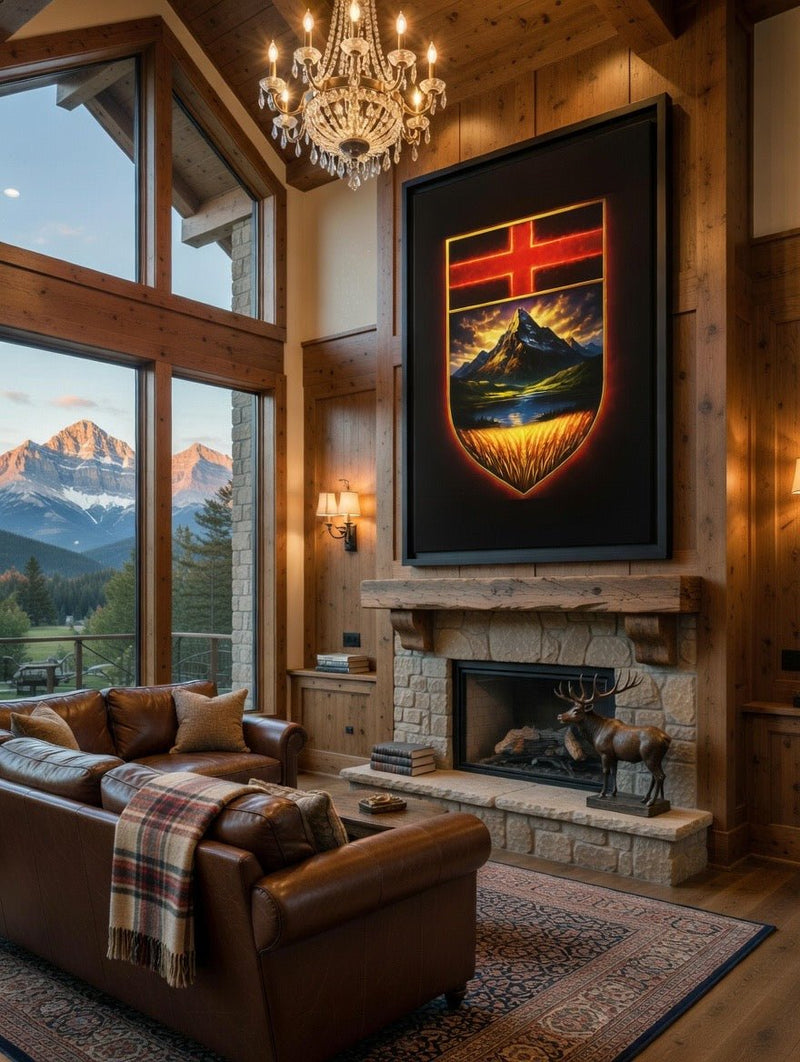 Framed canvas print with black border; crest shield art featuring red cross over mountain view