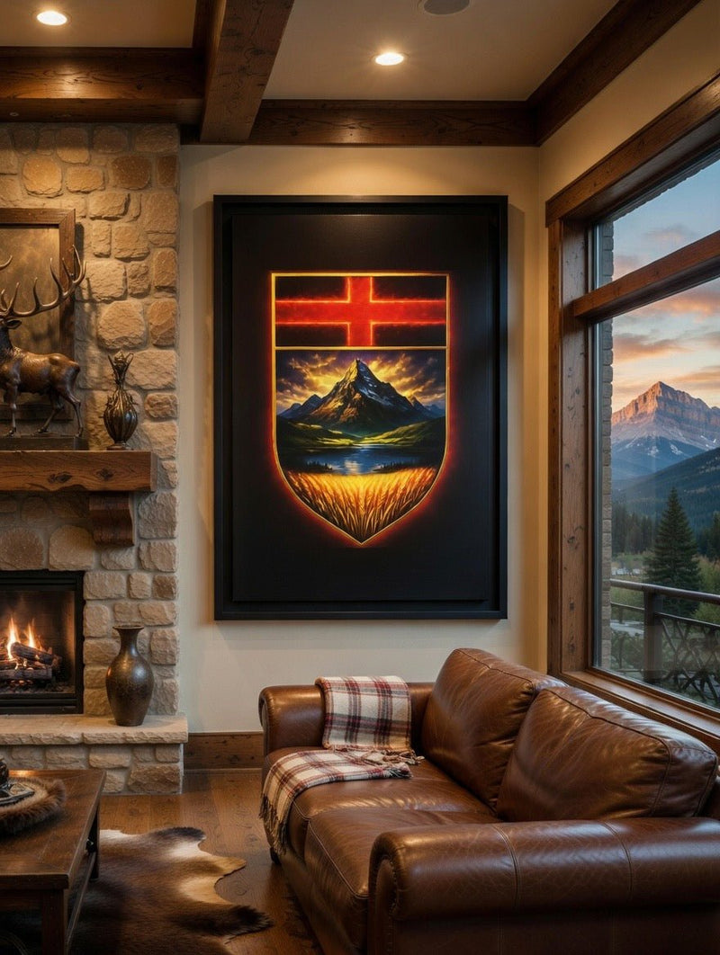 Framed canvas print with black border; crest shield with red cross above mountains and lake