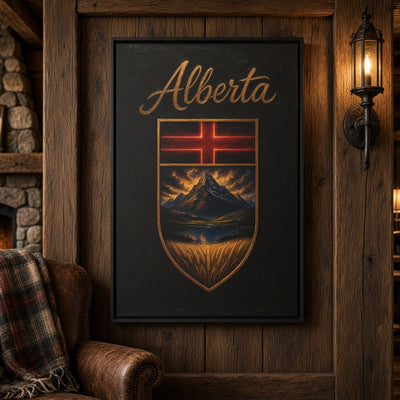 Framed black canvas wall art with Alberta crest, red cross flag, mountain landscape