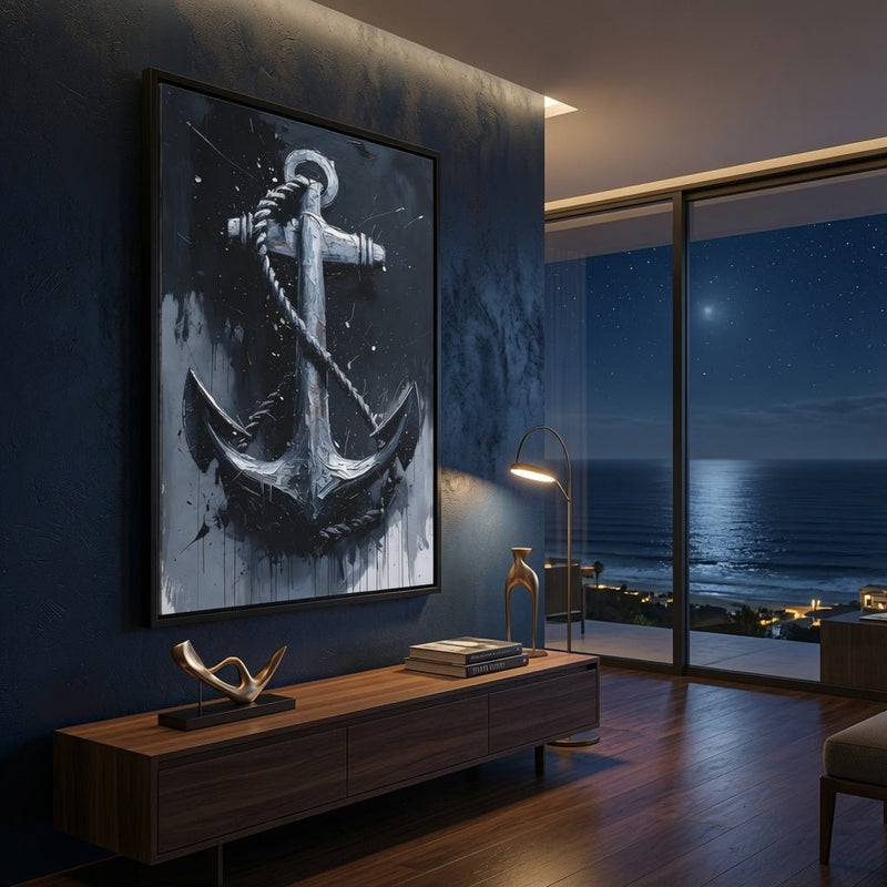 Framed nautical anchor painting with silver anchor and dark blue-black background canvas wash