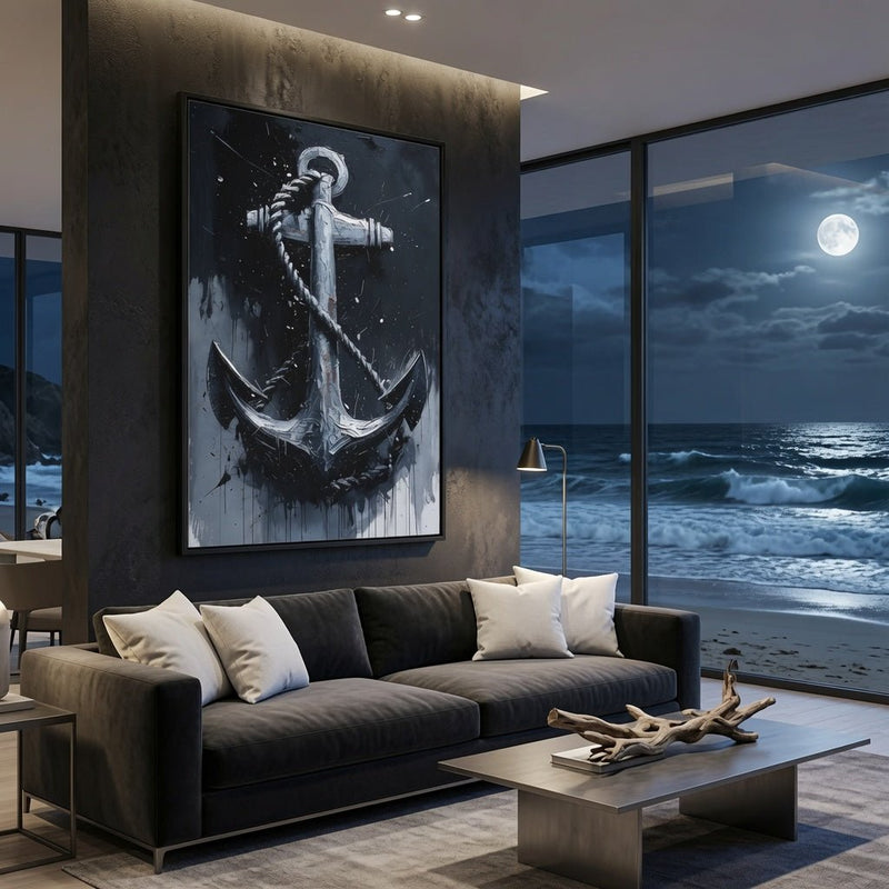 Framed nautical anchor painting on matte canvas with dark anchor and chain detail
