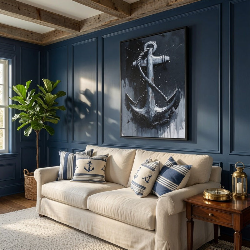 Framed nautical anchor wall art with silver anchor centered on dark, distressed canvas