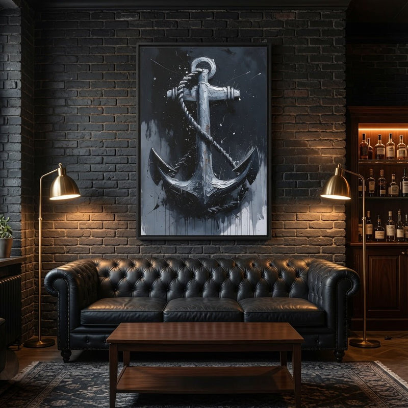 Black-framed nautical anchor painting with silver anchor on dark and gray distressed canvas