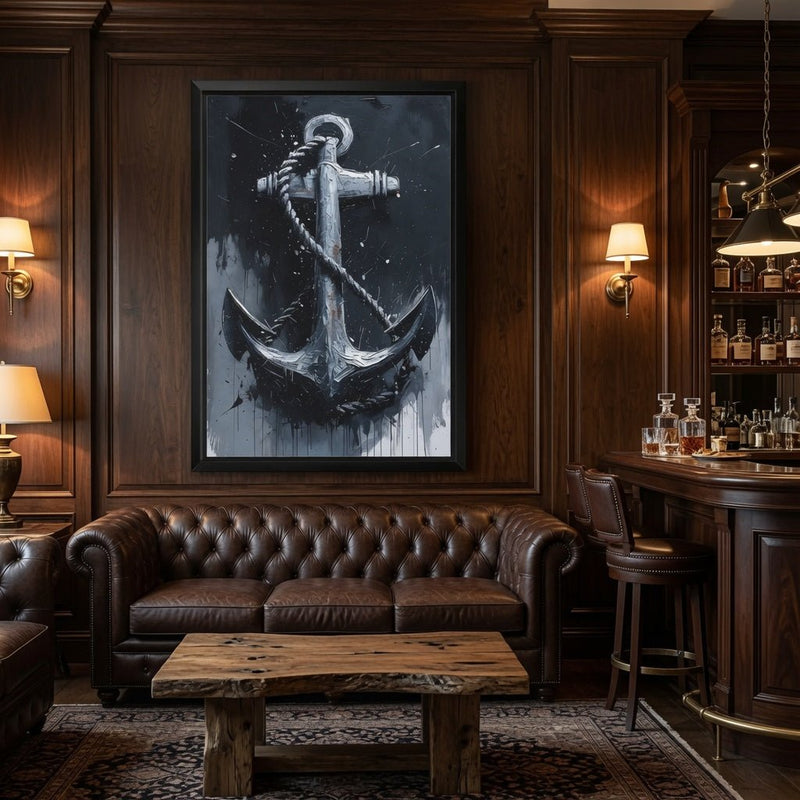 Framed nautical anchor wall art with silver anchor on dark canvas with light gray drips