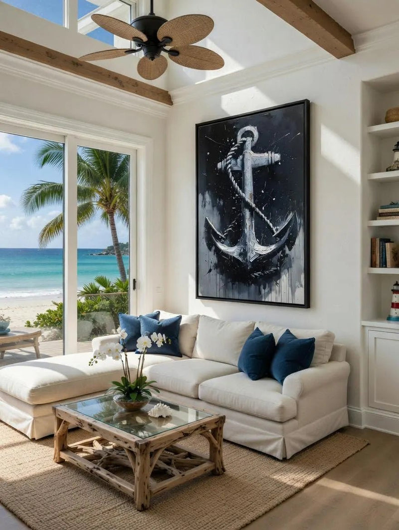 Framed nautical anchor wall art featuring a silver anchor on dark and gray brushed canvas