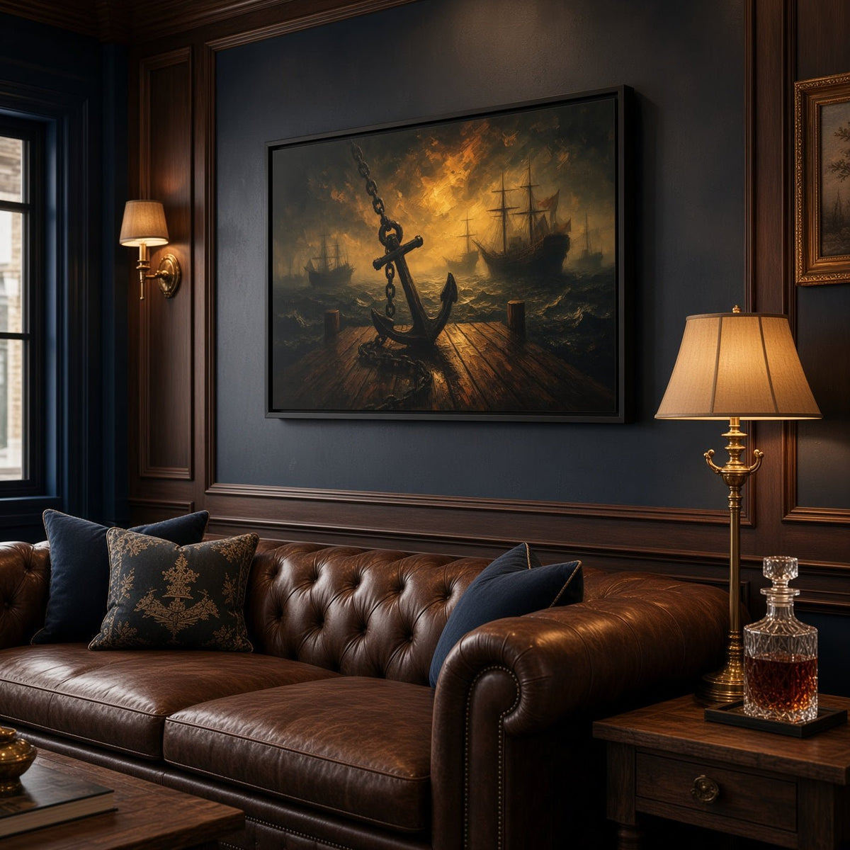 Black framed canvas seascape wall art with anchor detail and golden horizon glow.
