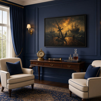 Framed canvas seascape wall art with anchor and glowing sunset sky above ocean.