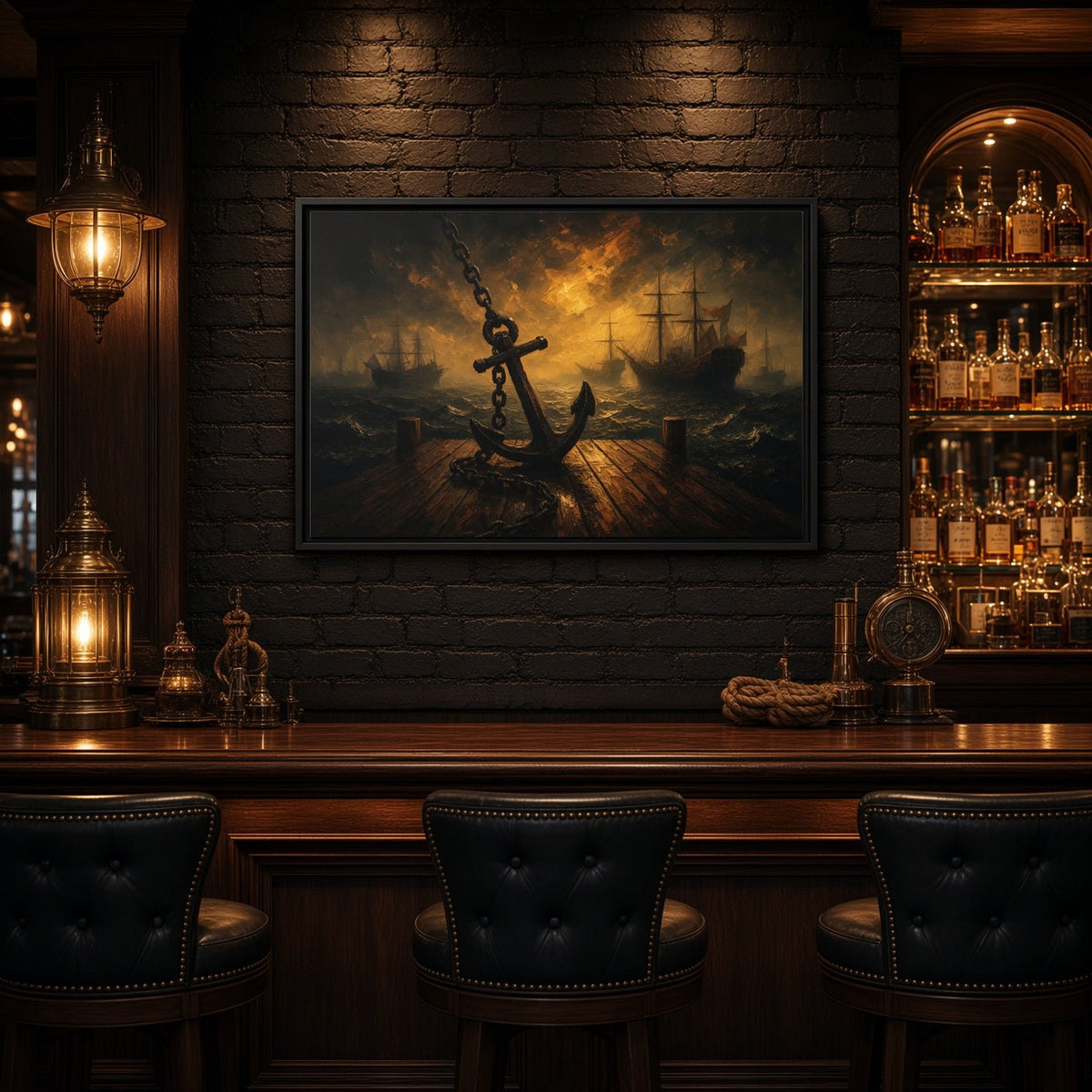 Black framed canvas seascape wall art with anchor chain and tall ship sails.